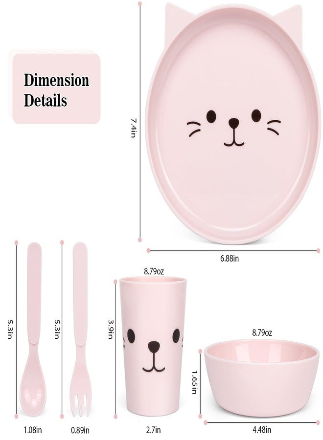 PHEENOWL طقم عشاء فينول للأطفال - 5 قطع بتصميم قطة صغيرة، يشمل طبقًا، وعاءً، كوبًا، وأدوات مائدة | خالٍ من مادة BPA، آمن للاستخدام في الميكروويف وغسالة الصحون | هدية مثالية للفتيات (وردي - قطة صغيرة) - Image 2
